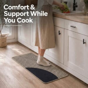 Person standing comfortably on a beige kitchen runner while cooking at the counter, cushioned support that eases pressure during long tasks.