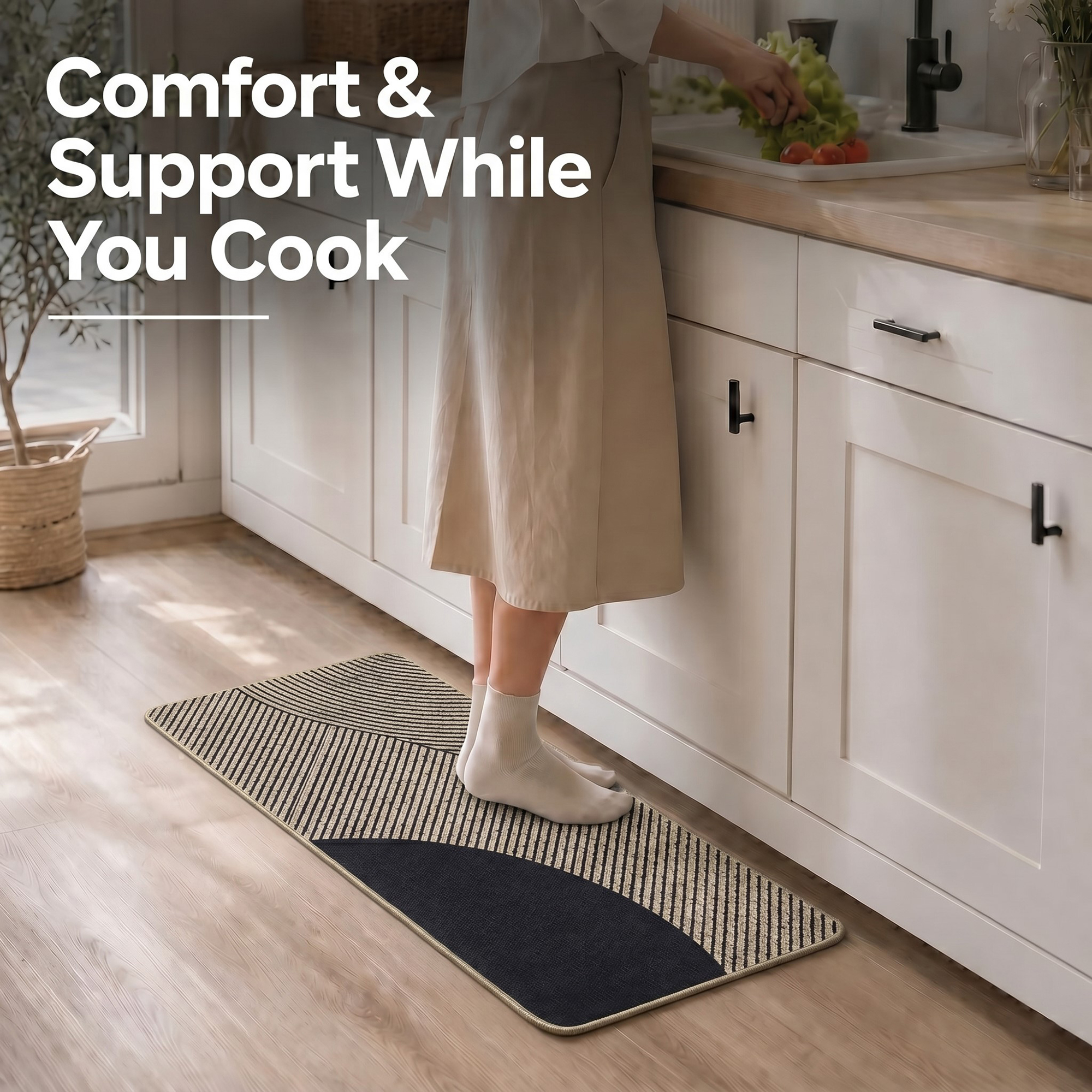 Person standing comfortably on a beige kitchen runner while cooking at the counter, cushioned support that eases pressure during long tasks.