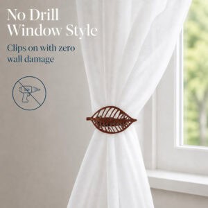 Rustic brown leaf curtain holdback clipping on with no drilling and no wall damage