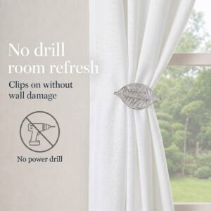 Whitewash leaf curtain holdback clipping on with no drilling and no wall damage