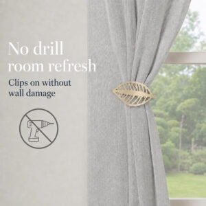 Champagne gold leaf curtain holdback clipping on with no drilling and no wall damage