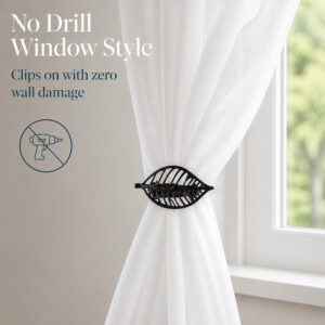 Textured black leaf curtain holdback clipping on with no drilling and no wall damage