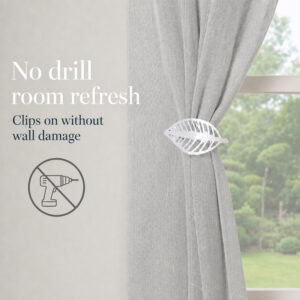 Polished silver leaf curtain holdback clipping on with no drilling and no wall damage