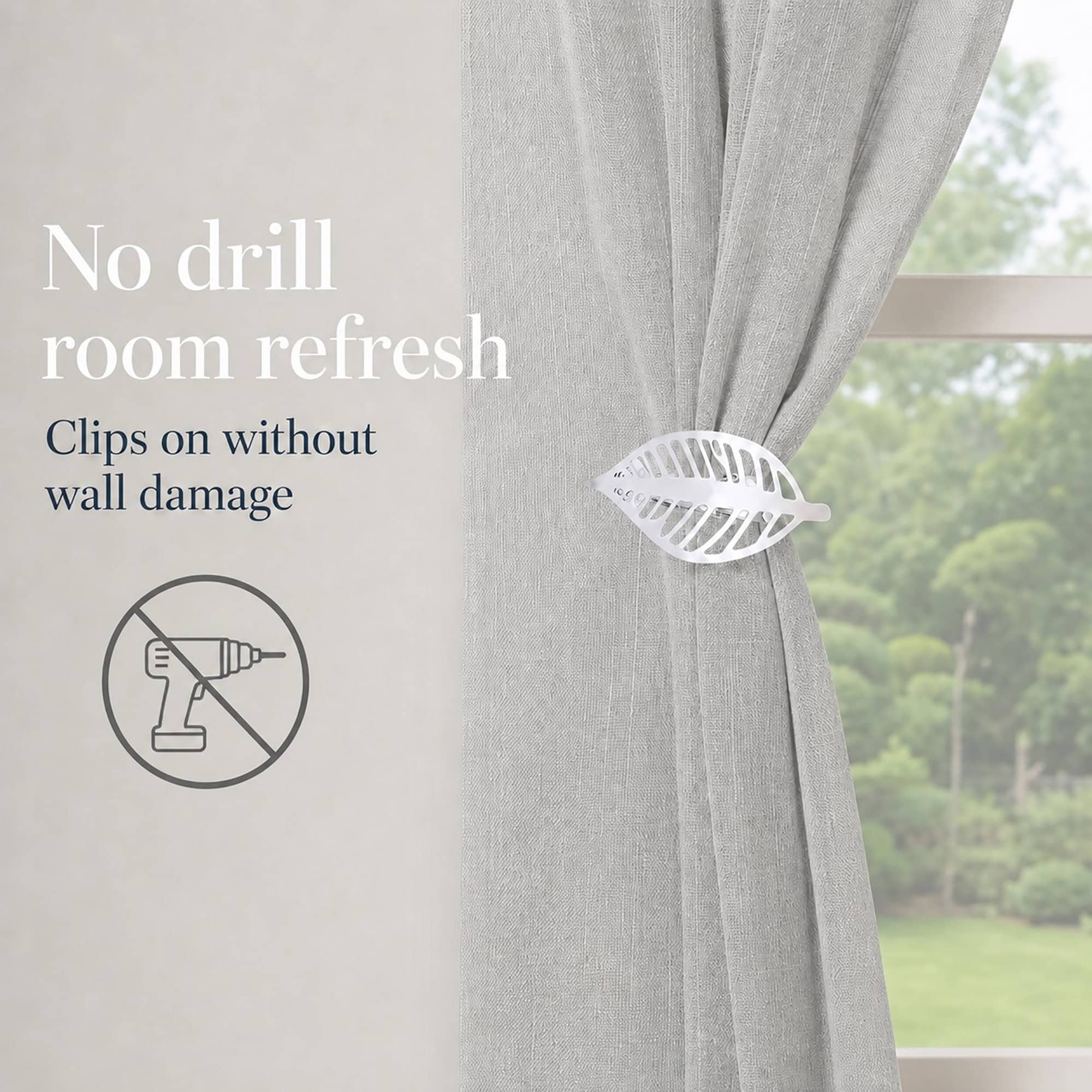 Polished silver leaf curtain holdback clipping on with no drilling and no wall damage