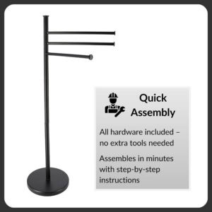 "Assembly infographic for black 3-arm towel rack: hardware included, no extra tools needed"