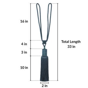 Dimension chart of deep teal curtain tieback showing 33-inch full length with 16-inch loop and 10-inch tassel