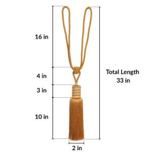Dimension chart of golden amber curtain tieback showing 33-inch full length with 16-inch loop and 10-inch tassel