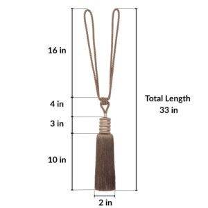 Mocha brown curtain tieback with 33-inch total length including 10-inch tassel, 16-inch loop, and 2-inch width