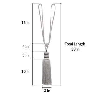 Measurement view of silver mist curtain tieback with 16-inch loop and 10-inch tassel, total length 33 inches