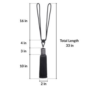 Midnight black tieback with labeled dimensions: 33 inches total, 10-inch tassel, 16-inch loop, 2-inch width