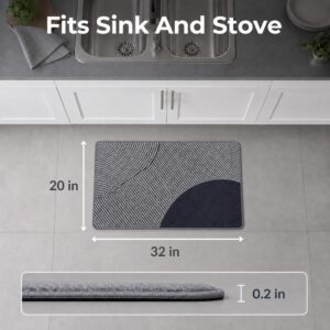 Gray kitchen mat shown with dimensions twenty by thirty-two inches, sized to fit in front of a kitchen sink or stove.