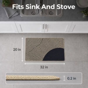 Beige kitchen mat shown with dimensions twenty by thirty-two inches, sized to fit in front of a kitchen sink or stove.