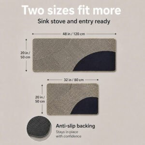 Beige kitchen mat and runner set shown with dimensions forty-eight by twenty and thirty-two by twenty inches, ready for sink, stove, and entry.
