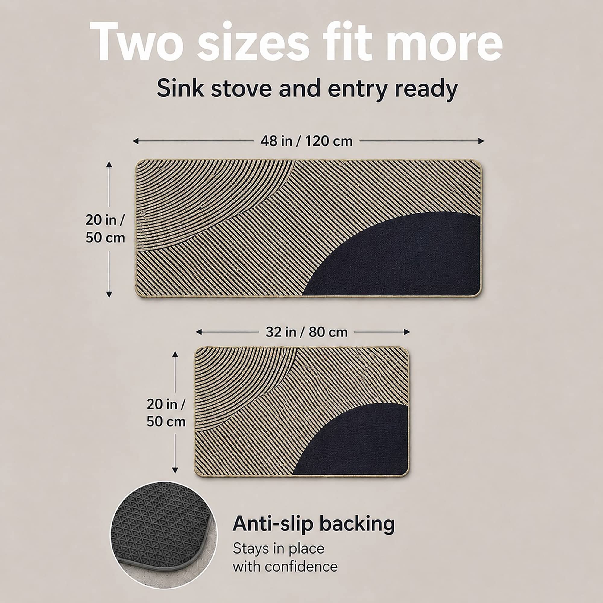 Beige kitchen mat and runner set shown with dimensions forty-eight by twenty and thirty-two by twenty inches, ready for sink, stove, and entry.