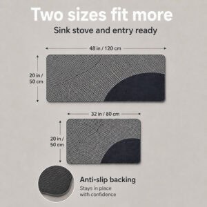Gray kitchen mat and runner set shown with dimensions forty-eight by twenty and thirty-two by twenty inches, ready for sink, stove, and entry.