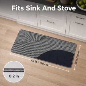 Gray kitchen runner shown with dimensions forty-eight by twenty inches, long enough to span the area in front of sink and stove.
