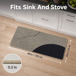 Beige kitchen runner shown with dimensions forty-eight by twenty inches, long enough to span the area in front of sink and stove.