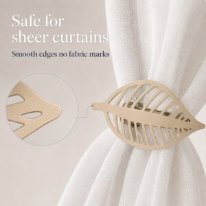 Champagne gold leaf curtain tieback with smooth edges shown safe for sheer curtains
