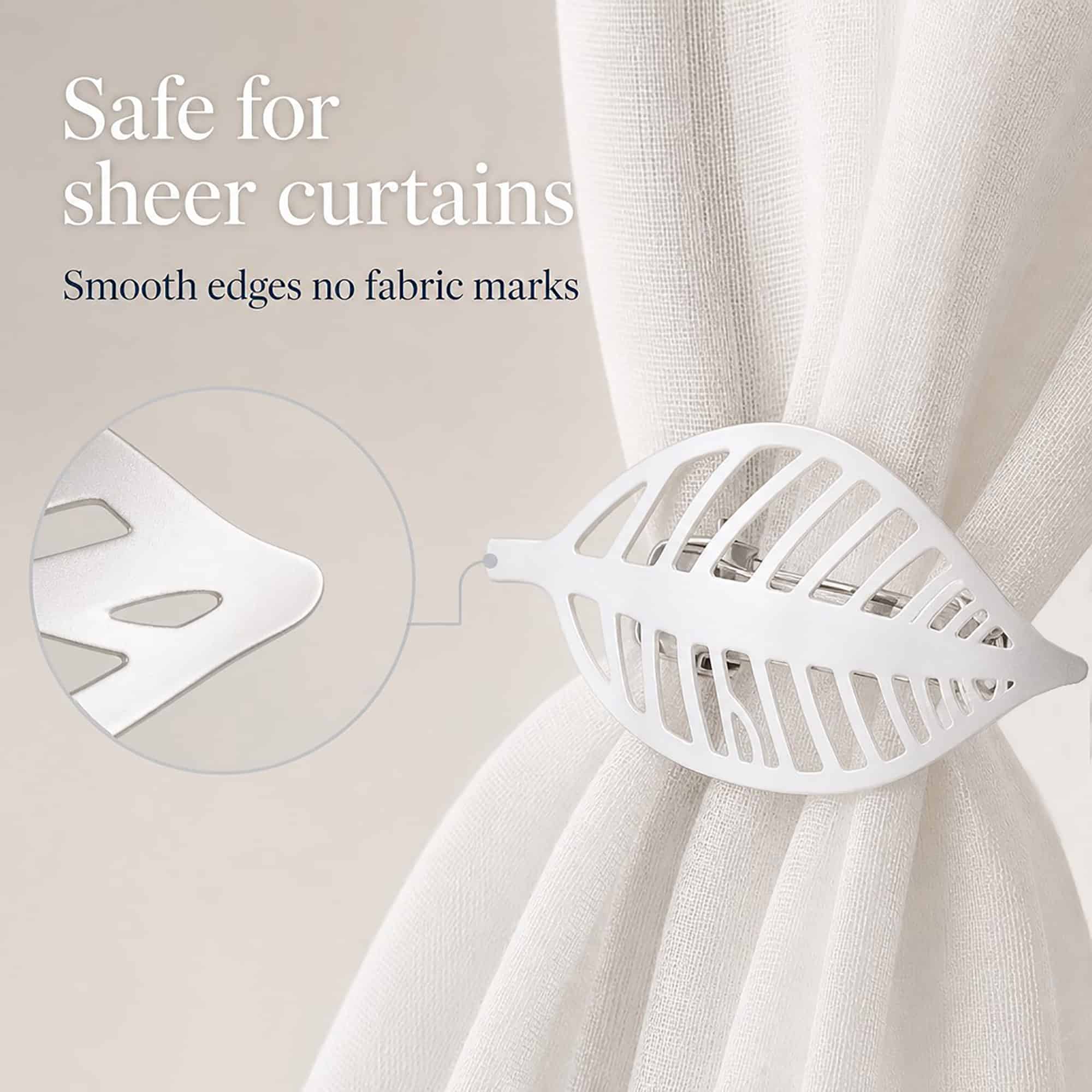 Polished silver leaf curtain tieback with smooth edges shown safe for sheer curtains