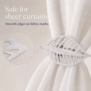 Whitewash leaf curtain tieback with smooth edges shown safe for sheer curtains