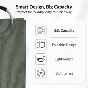 Laundry basket features: 55L, foldable, lightweight, durable build