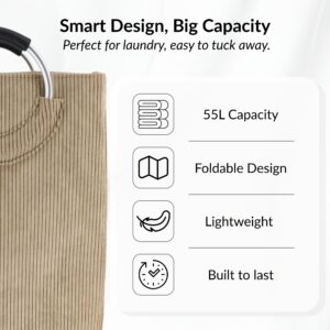 Laundry basket features: 55L, foldable, lightweight, durable build