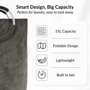 Laundry basket features: 55L, foldable, lightweight, durable build