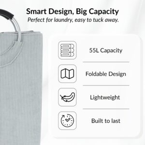 Laundry basket features: 55L, foldable, lightweight, durable build