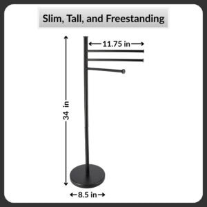 "Dimensions diagram: black freestanding towel rack, 34 in tall, 11.75 in arms, 8.5 in base diameter"