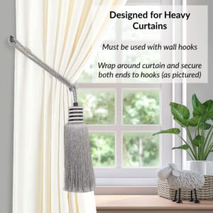 Silver mist tieback used with heavy curtain and attached to hooks as shown, providing decorative hold
