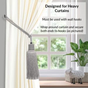 Silver mist tieback used with heavy curtain and attached to hooks as shown, providing decorative hold