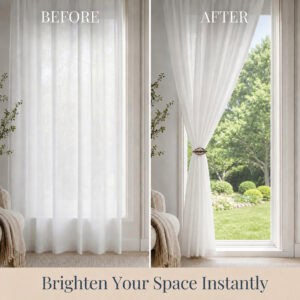 Before and after of a sheer curtain tied back with a rustic brown leaf clip