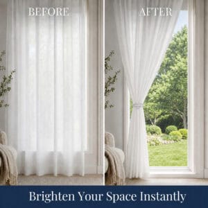 Before and after of a sheer curtain tied back with a whitewash leaf clip