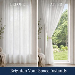 Before and after of a sheer curtain tied back with a champagne gold leaf clip