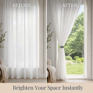 Before and after of a sheer curtain tied back with a textured black leaf clip