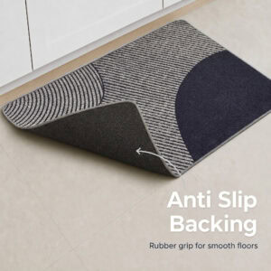 Underside of gray kitchen mat showing textured rubber anti-slip backing that grips smooth floors and keeps both set pieces firmly in place.