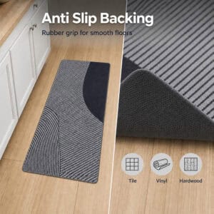 Underside of gray kitchen runner showing textured rubber anti-slip backing that grips smooth floors and keeps the runner securely in place.