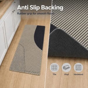 Underside of beige kitchen runner showing textured rubber anti-slip backing that grips smooth floors and keeps the runner securely in place.
