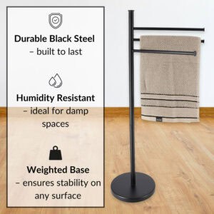 "Construction infographic for black 3-arm towel rack: durable steel, humidity resistant, weighted base"