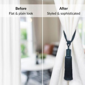 Comparison showing curtain before and after using deep teal tieback for a polished, gathered appearance