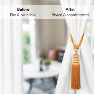 Comparison showing curtain before and after using golden amber tieback for a polished, gathered appearance