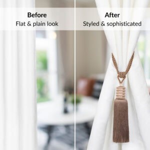 Side-by-side curtain view showing transformation before and after using mocha brown tieback for a finished look