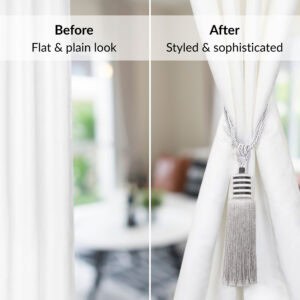 Side-by-side before and after of curtain with silver mist tieback, showing upgraded look and structured style