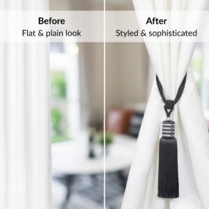 Curtain shown before and after using midnight black tieback, creating a refined and gathered appearance