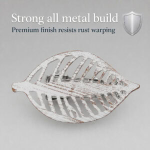 Whitewash leaf curtain tieback shown close up with all metal build
