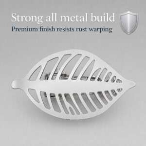 Polished silver leaf curtain tieback shown close up with all metal build