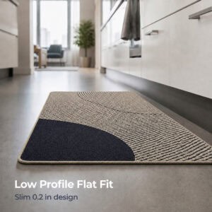 Beige kitchen mat lying flat against the floor with a slim low-profile design that sits seamlessly without bulky height or tripping edges.