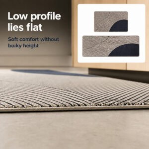 Beige kitchen mat and runner set lying flat with a slim low-profile design offering soft comfort without bulky height or tripping edges.