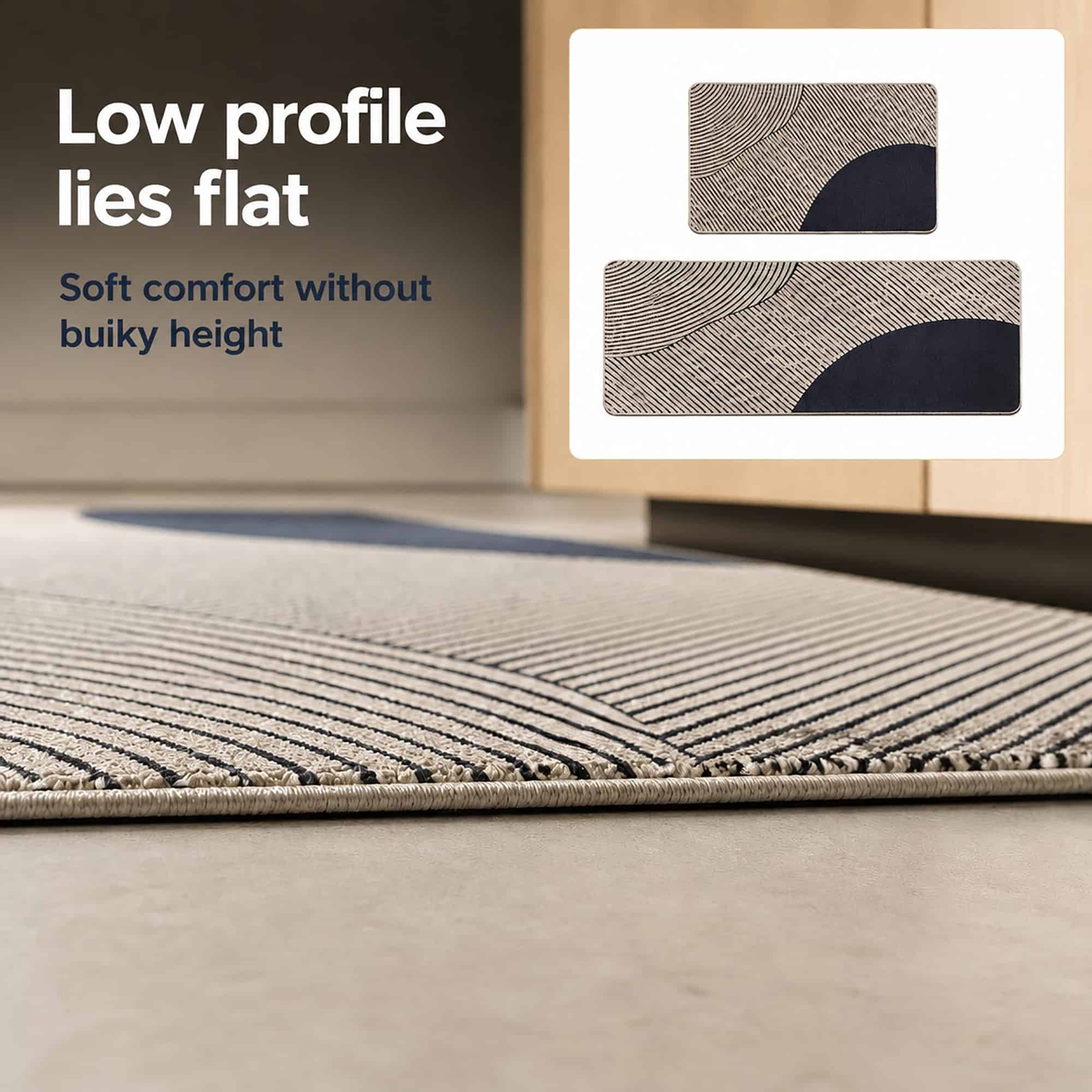 Beige kitchen mat and runner set lying flat with a slim low-profile design offering soft comfort without bulky height or tripping edges.