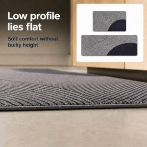 Gray kitchen mat and runner set lying flat with a slim low-profile design offering soft comfort without bulky height or tripping edges.